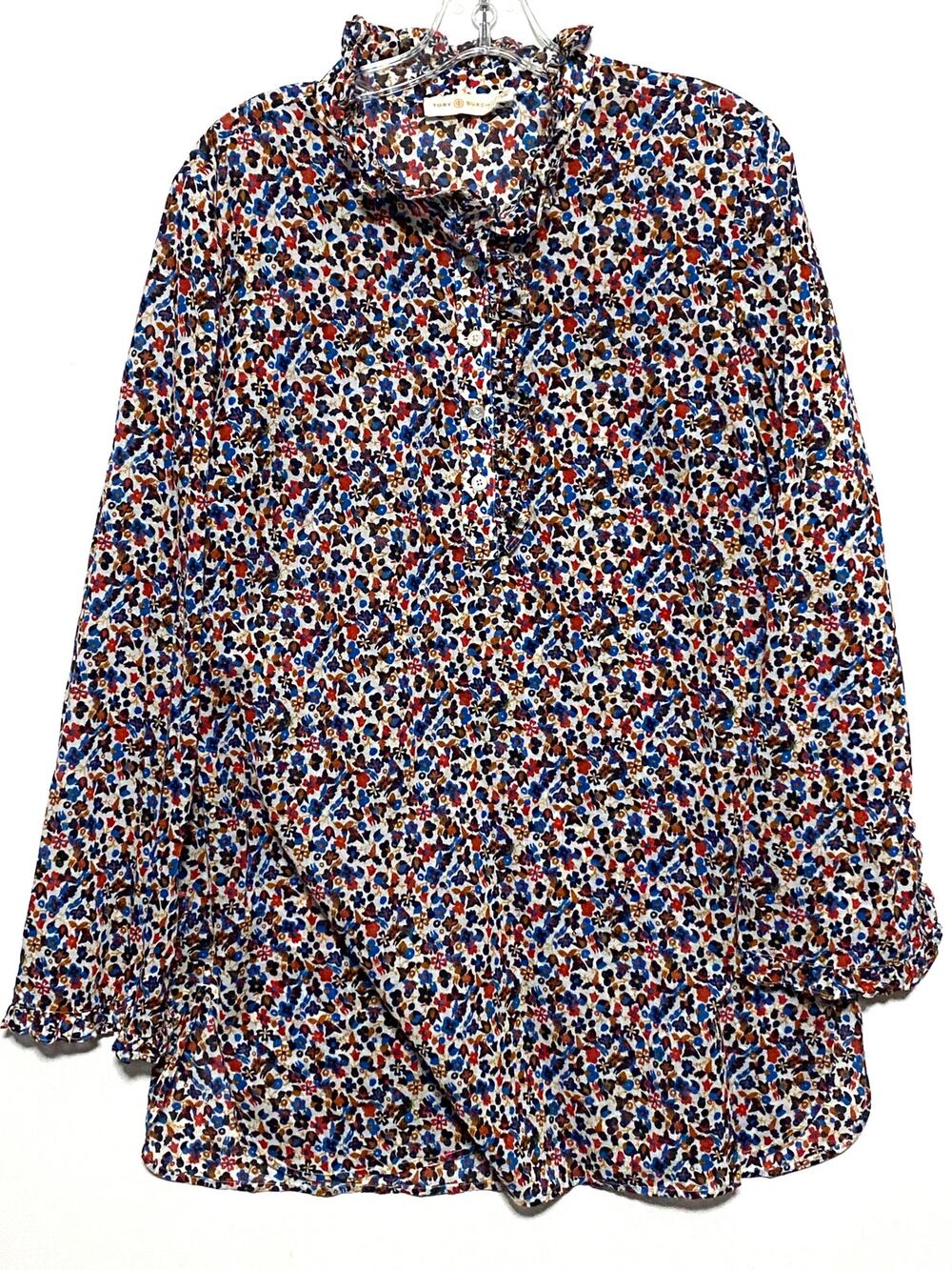 Tory Burch Wildflower Deneuve Floral Ruffle Tunic Top L Boho Garden Party Luxury